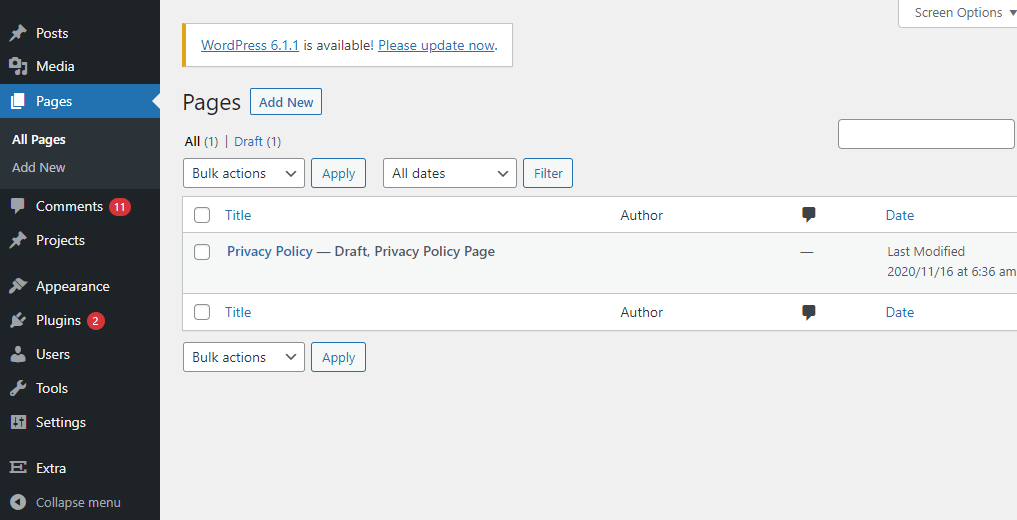 Menu pages di wordpress